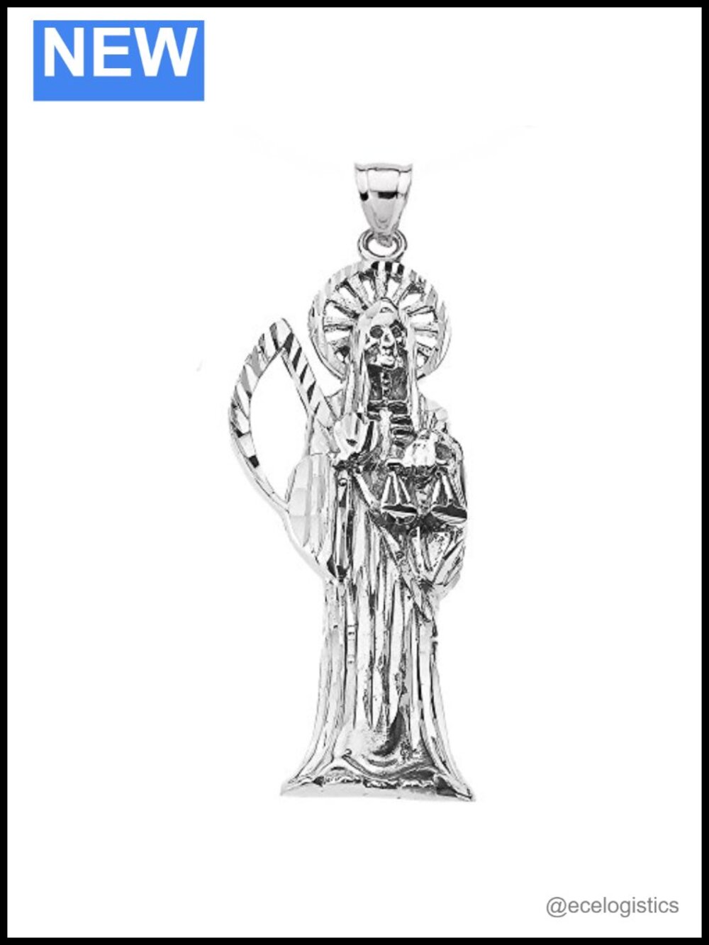 Sterling Silver Santa Muerte Grim Reaper Pendant Necklace Jewelry